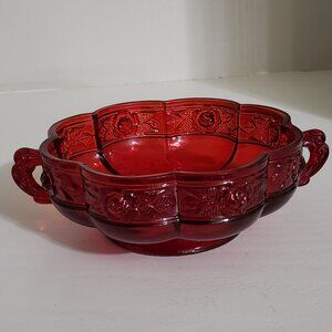 Vintage 1950s, Jeanette Glass Aztec Rose Flashed Two Handled Bowl